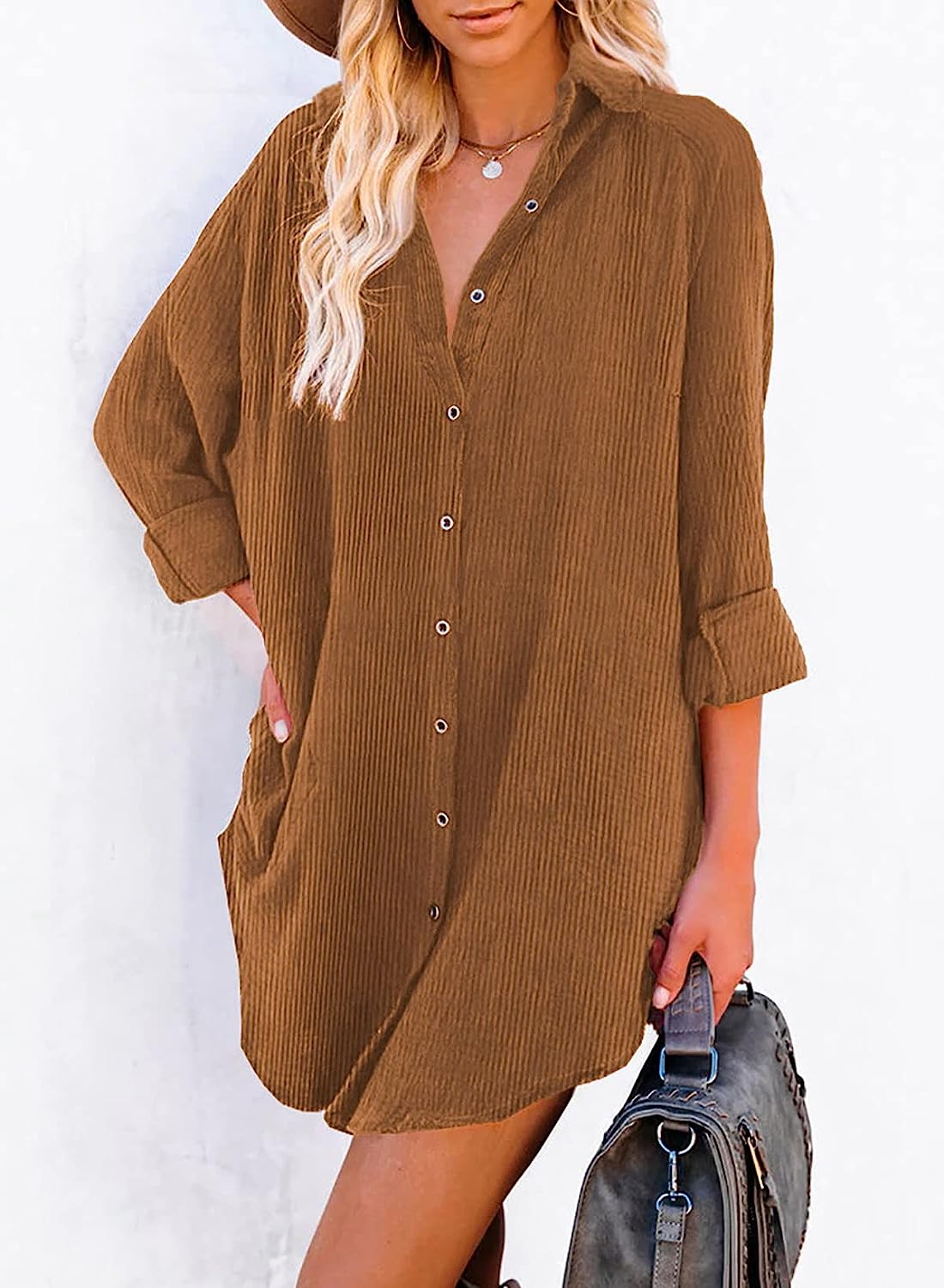 Astylish Women Casual Long Sleeve Button Down Oversized Corduroy Shirt Dress with Pocket - Image 2